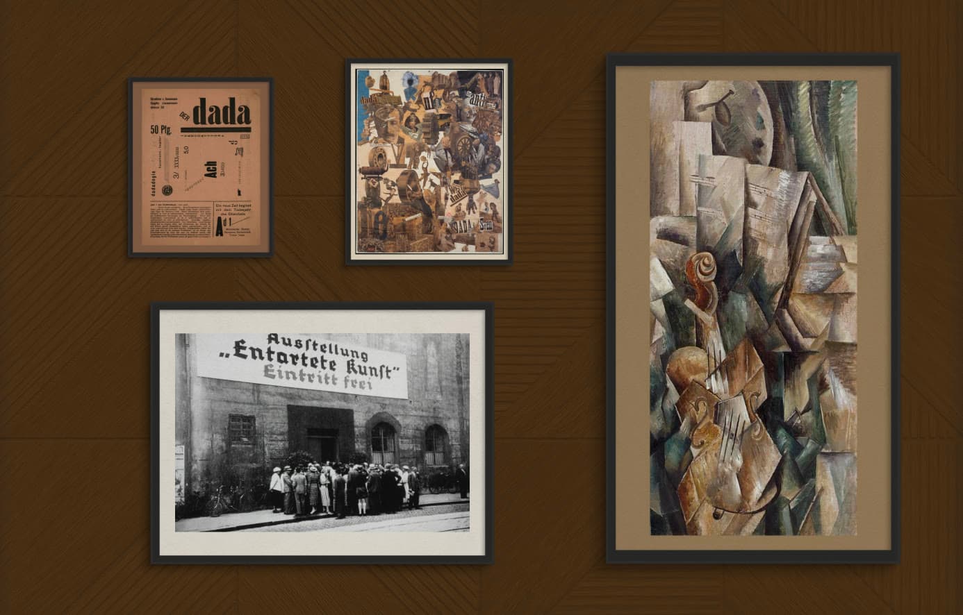 Left wall — two Dada posters, a photograph of the Entartete Kunst exhibition and a Cubist still life, in simple black frames