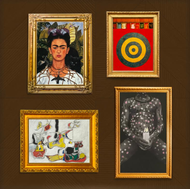 Middle wall — a Kahlo self-portrait, a target painting, an abstract still life and a polka-dotted figure, in gold frames