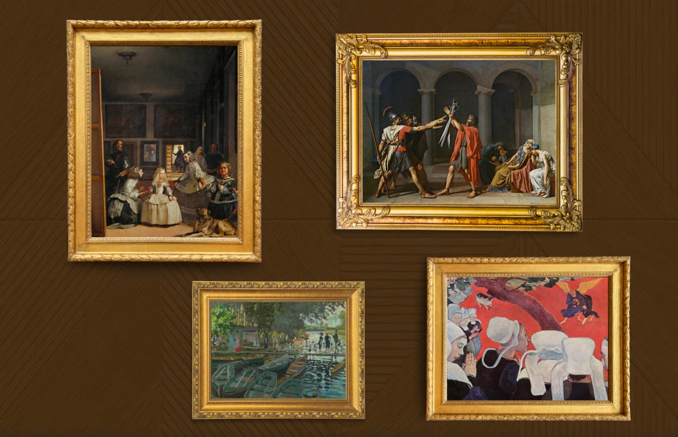 Right wall — Las Meninas, the Oath of the Horatii, a Monet river scene and a Gauguin, in ornate gold frames