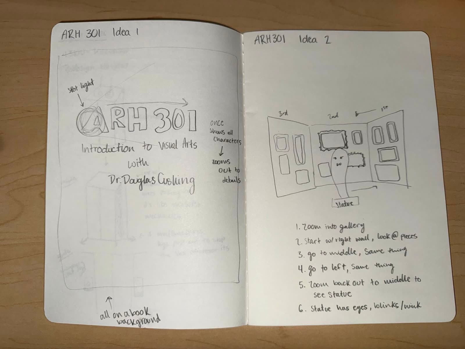 Notebook spread showing both concepts — Idea 1 spotlight title, Idea 2 gallery walk with numbered camera path