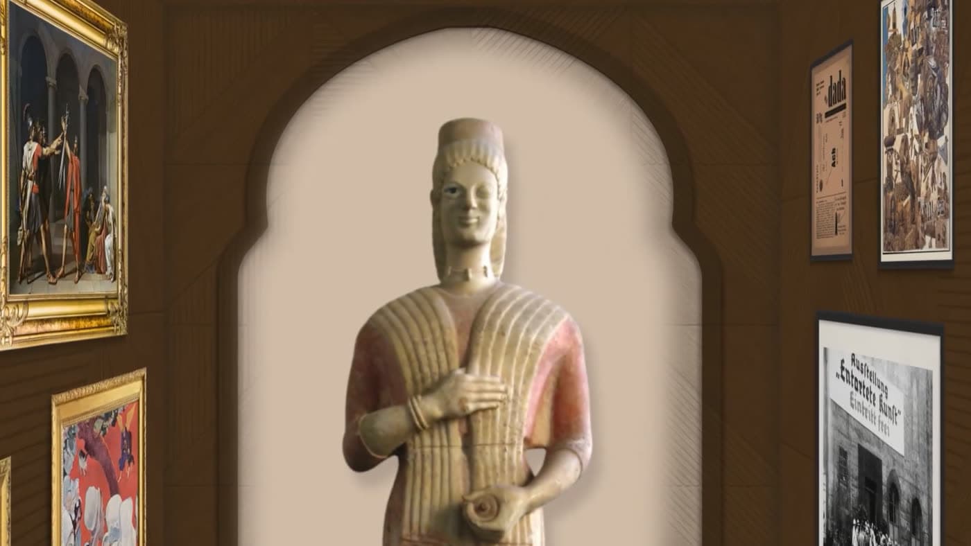 Close-up of the statue winking, framed by the archway