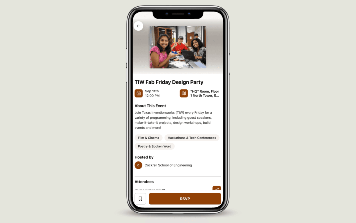 Event detail with date, location, host, interest tags, who is going, and RSVP