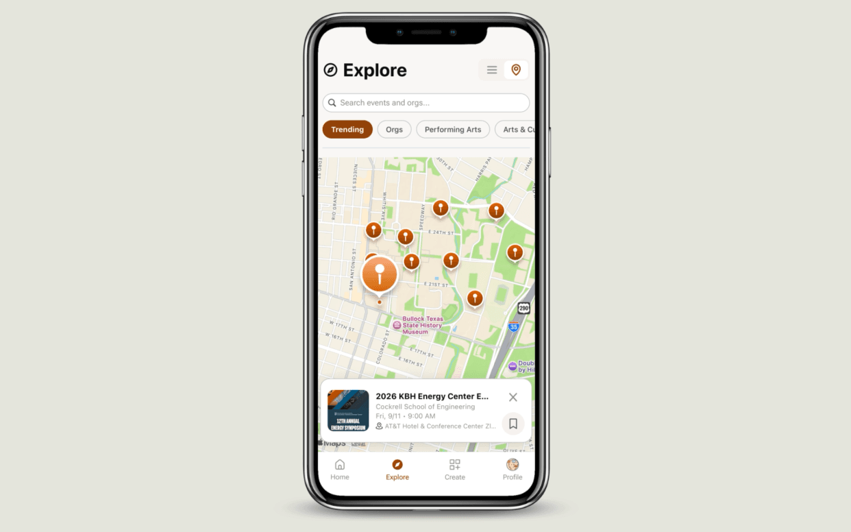 Explore in map view, with event pins across campus and a selected event card