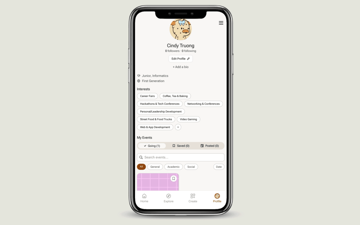 Profile showing the Going, Saved and Posted sections