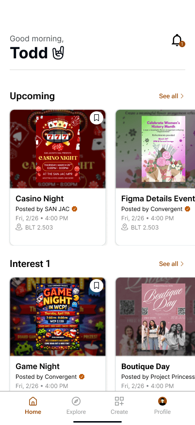 Hi-fi home screen with a four-tab bottom nav: Home, Explore, Create, Profile