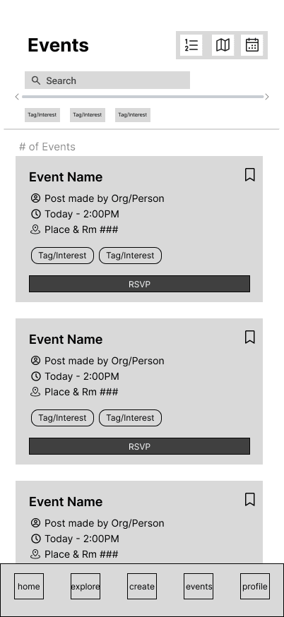 Lo-fi events list with a five-tab bottom nav: home, explore, create, events, profile